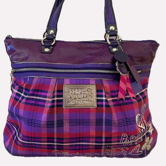 Coach Limited Edition Poppy Purple Tartan Plaid Large Glam Tote Bag - Picture 1 of 10